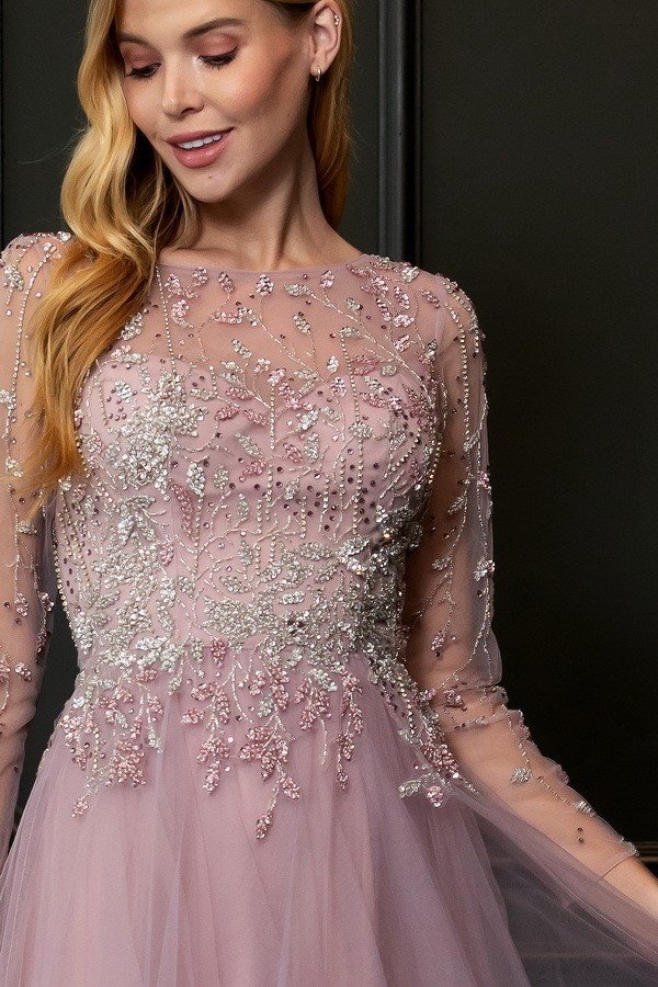 Floor Length Tulle 3/4 sleeves Mauve mother of the Bride Dress Evening