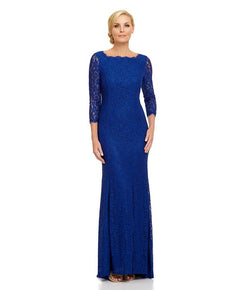 Adrianna Papell 3/4 Sleeves Scalloped Lace Gown Prussian Blue dress