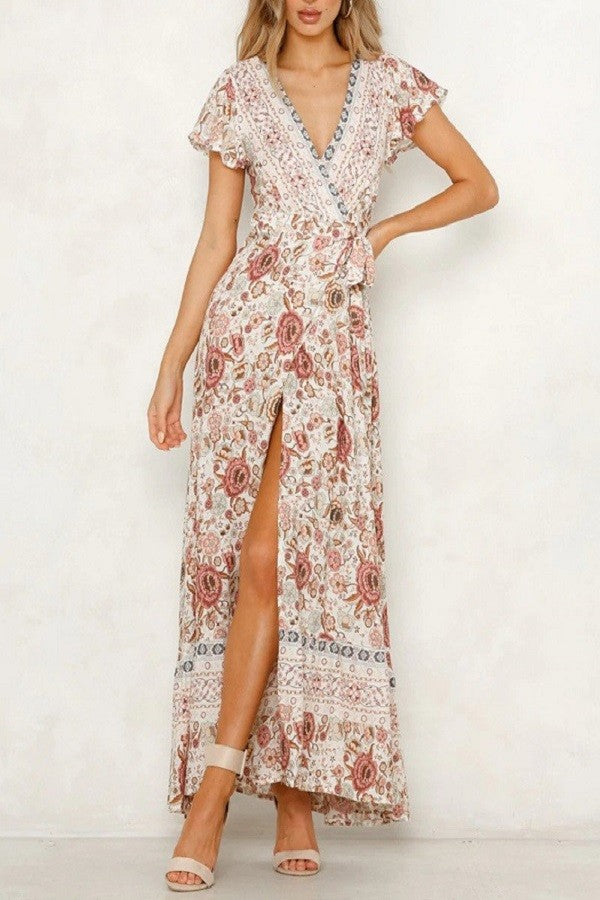 Boho floral long maxi high slit wrap dress