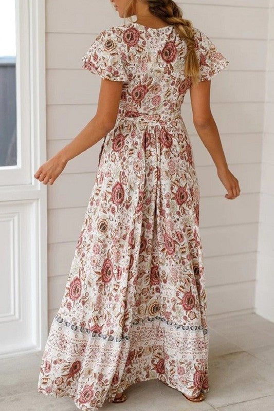 high split floral boho long sleeve maxi dress Love Blossoms Boho Print High-slit Maxi Dress