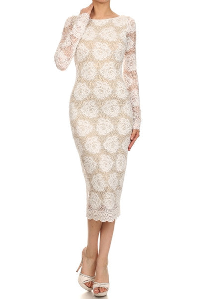 Floral Lace White nude long sleeves dress Bridal shower