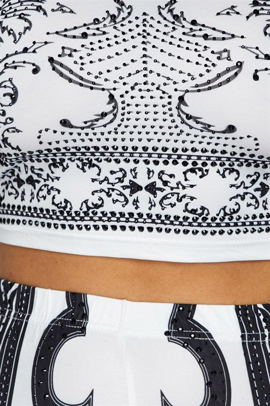 2019 Baroque black and white 2 piece off shoulder crop top pants set