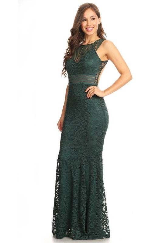 Fairy Forest Green Lace mermaid open back floor length Bridesmaid Dress 4 colors