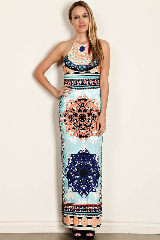 Gorgeous Medallion open back halter Maxi Dress