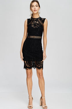 Black lace sheath mock neck dress