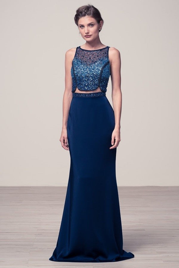 Embellished Mock 2 piece Navy Evening gown Prom Dress pageant party ...