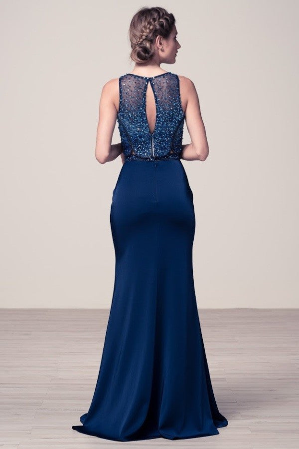 Embellished Mock 2 piece Navy Evening gown Prom Dress pageant party