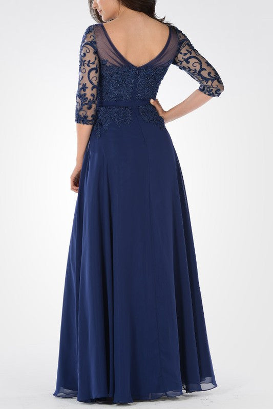 Long Chiffon Mother of the Bride dress 3/4 sleeves Evening Gown