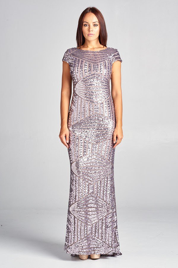 Pewter Geometrical Sequin Maxi Cocktail style Long and Short bridesmaid Dress in 3 colors