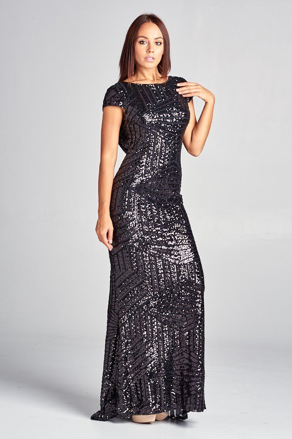 Pewter Geometrical Sequin Maxi Cocktail style Long and Short bridesmaid Dress in 3 colors