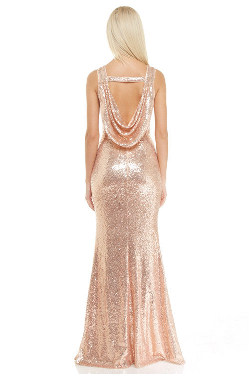 Affordable Goddess Rose gold and Navy Drape back Maxi Bridesmaid Dress