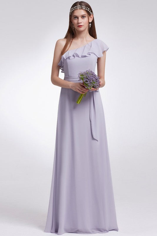 Elegant Floor length one shoulder ruffles chiffon bridesmaid dress