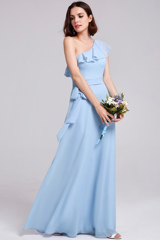 Elegant Floor length one shoulder ruffles chiffon bridesmaid dress ...