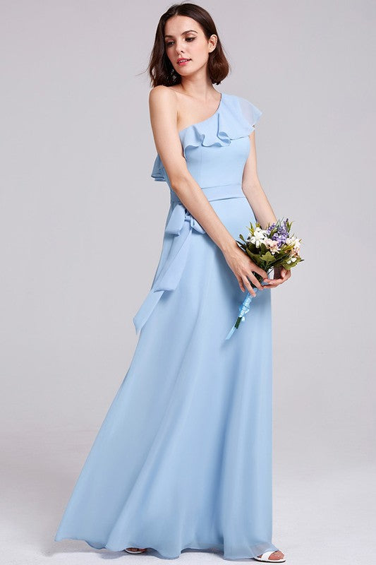 Elegant Floor length one shoulder ruffles chiffon bridesmaid dress