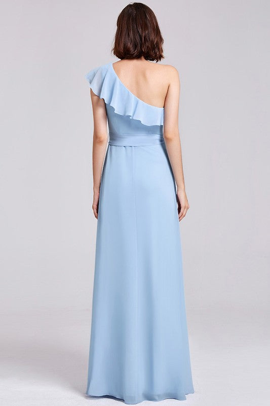 Elegant Floor length one shoulder ruffles chiffon bridesmaid dress