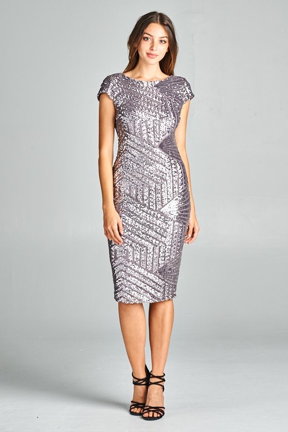 Pewter Geometrical Sequin Maxi Cocktail style Long and Short bridesmaid Dress in 3 colors