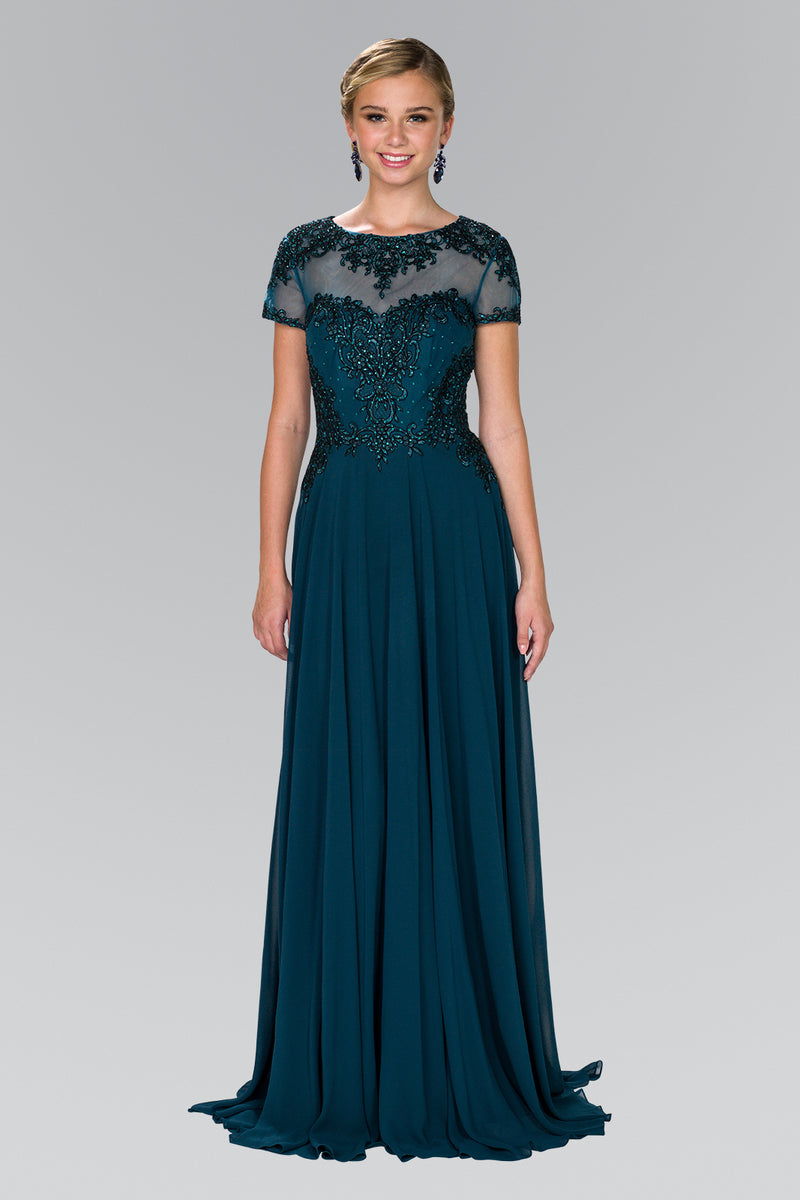 Affordable embroidered Illusion neckline Chiffon mother of the bride gown