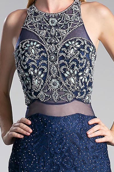 2018 Navy Mermaid illusion beaded Trumpet Prom Dress Evening Gown