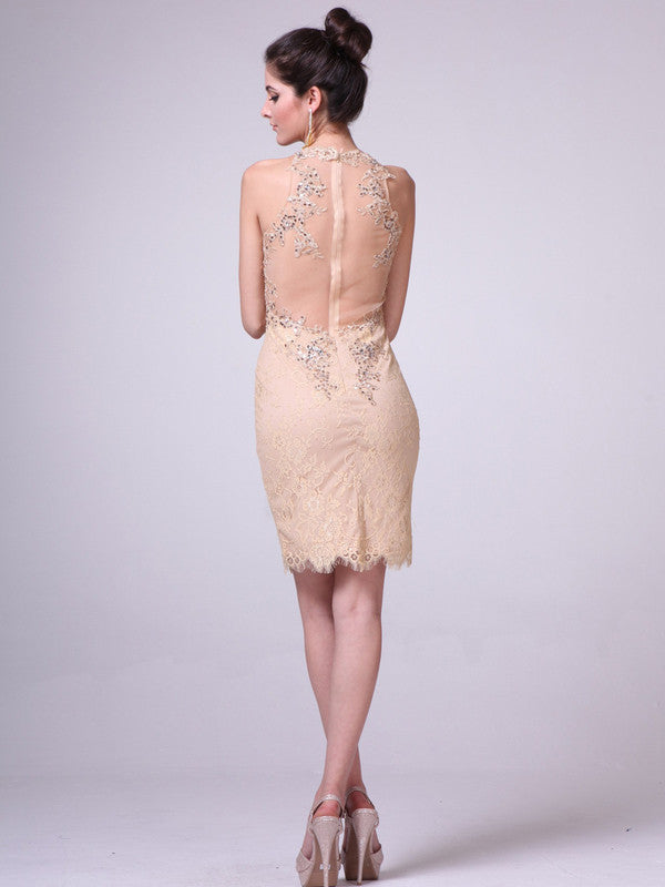 Short Illusion Yolk Lace Sheath Dress Wedding, Cocktail, Bridal Shower